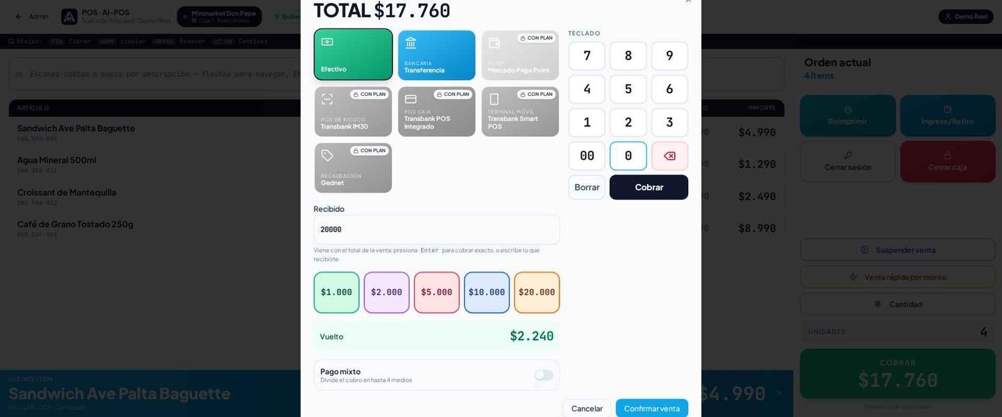 Pagó con $20.000 → vuelto $2.240